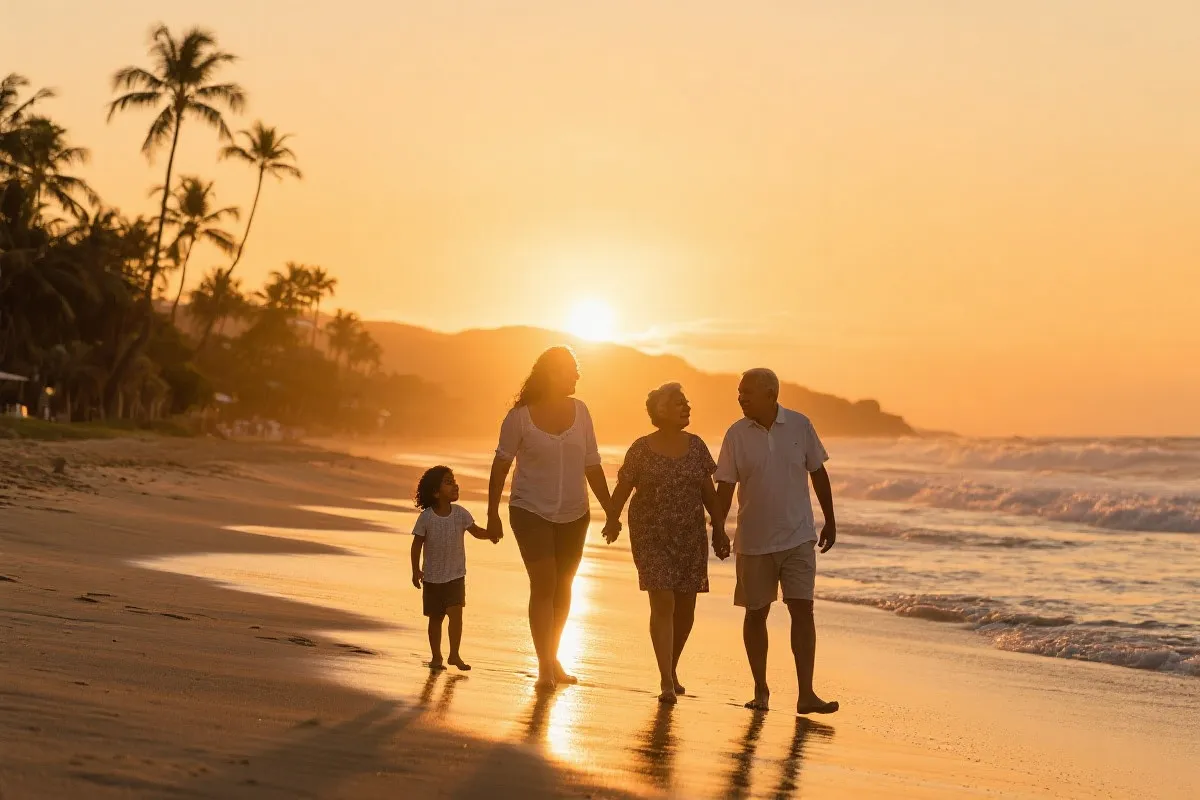 墨西哥海滩日落时分，多代家庭牵手漫步，轻松惬意